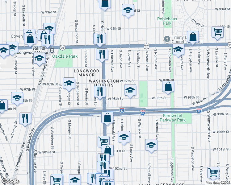 map of restaurants, bars, coffee shops, grocery stores, and more near 9746 South Emerald Avenue in Chicago