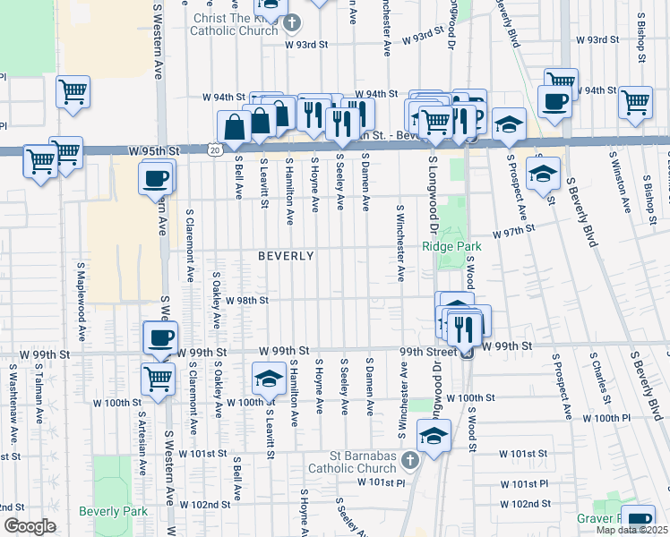 map of restaurants, bars, coffee shops, grocery stores, and more near 9730 South Seeley Avenue in Chicago