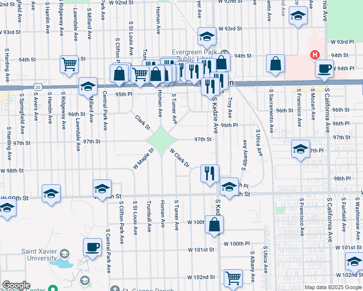 map of restaurants, bars, coffee shops, grocery stores, and more near 3313 West 97th Street in Evergreen Park
