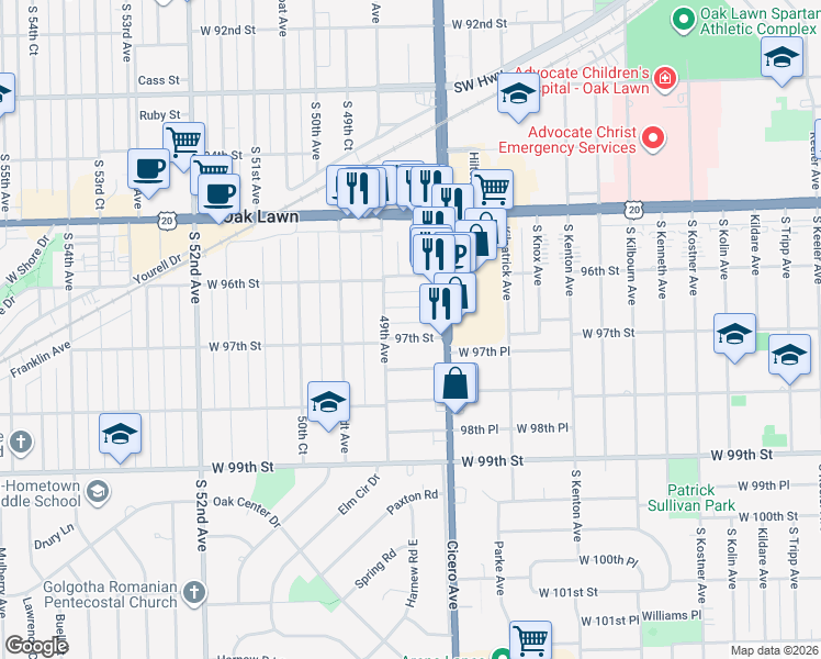 map of restaurants, bars, coffee shops, grocery stores, and more near 4838 West 97th Street in Oak Lawn