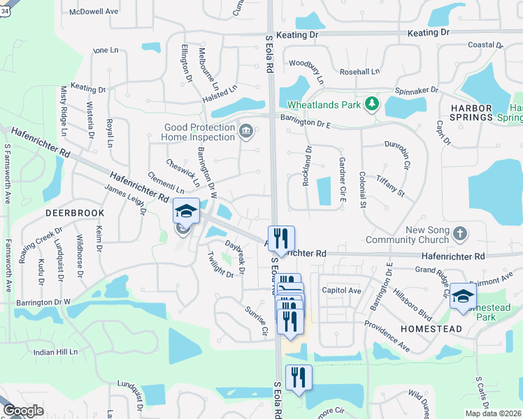 map of restaurants, bars, coffee shops, grocery stores, and more near 2426 Oakfield Court in Aurora