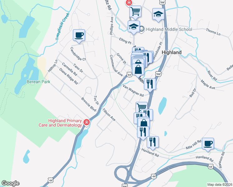 map of restaurants, bars, coffee shops, grocery stores, and more near 128 Vineyard Avenue in Highland