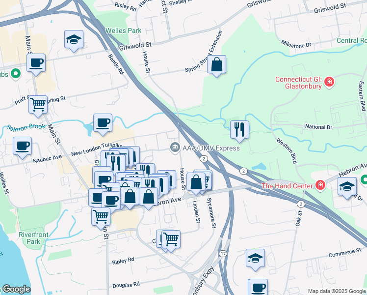 map of restaurants, bars, coffee shops, grocery stores, and more near 88 House Street in Glastonbury