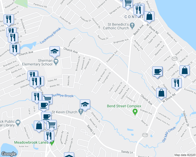 map of restaurants, bars, coffee shops, grocery stores, and more near 67 New Britain Drive in Warwick