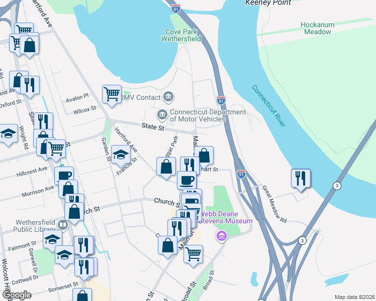 map of restaurants, bars, coffee shops, grocery stores, and more near 12 Meggat Park in Wethersfield