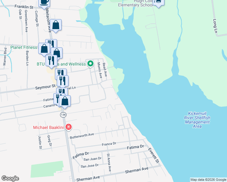 map of restaurants, bars, coffee shops, grocery stores, and more near 13 Bay Road in Warren