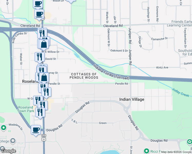 map of restaurants, bars, coffee shops, grocery stores, and more near 19525 Pendle Road in South Bend