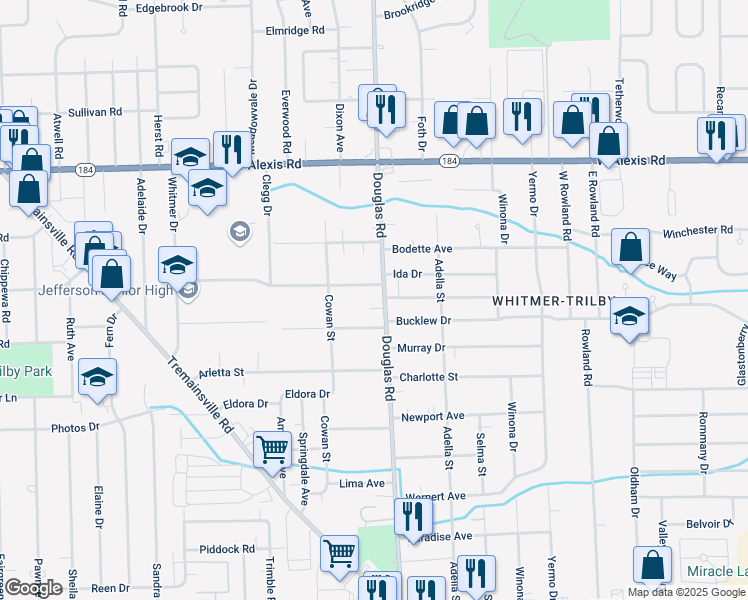 map of restaurants, bars, coffee shops, grocery stores, and more near 5525 Douglas Road in Toledo