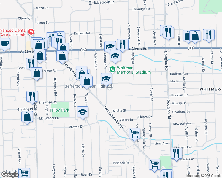 map of restaurants, bars, coffee shops, grocery stores, and more near 5530 Whitmer Drive in Toledo
