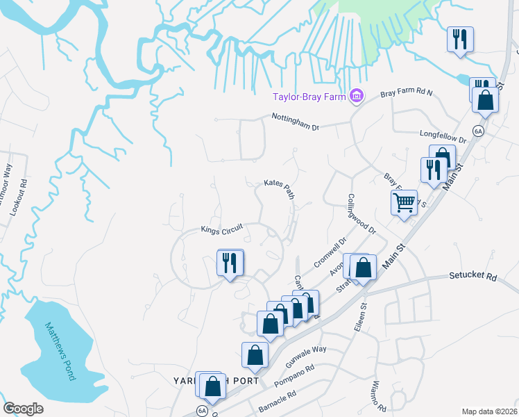 map of restaurants, bars, coffee shops, grocery stores, and more near 216 Kates Path in Yarmouth