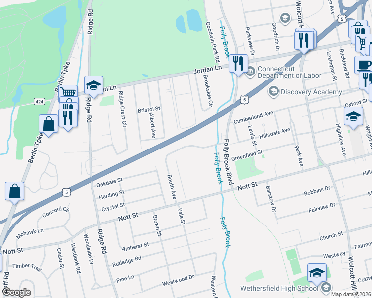 map of restaurants, bars, coffee shops, grocery stores, and more near 76 Spruce Street in Wethersfield