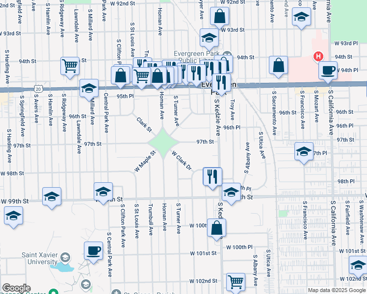 map of restaurants, bars, coffee shops, grocery stores, and more near 3313 West 97th Street in Evergreen Park