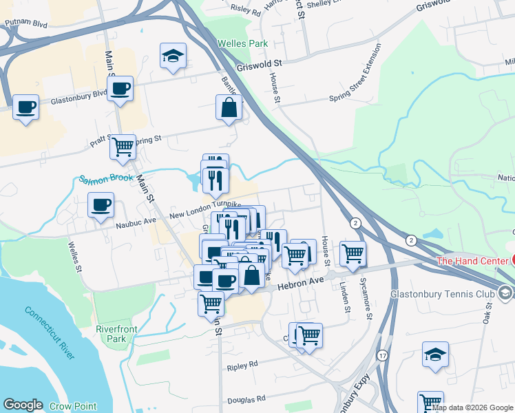 map of restaurants, bars, coffee shops, grocery stores, and more near 159 Salmon Brook Drive in Glastonbury