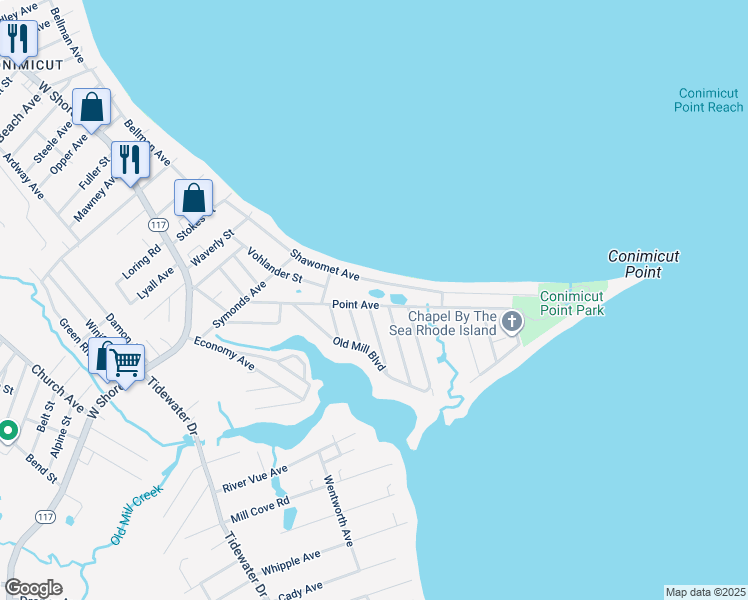 map of restaurants, bars, coffee shops, grocery stores, and more near 223 Point Avenue in Warwick
