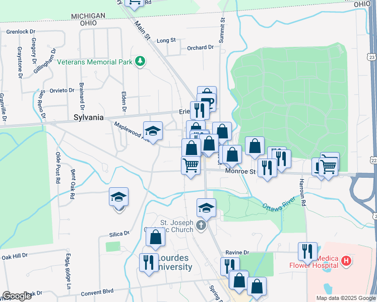 map of restaurants, bars, coffee shops, grocery stores, and more near 6635 Maplewood Avenue in Sylvania