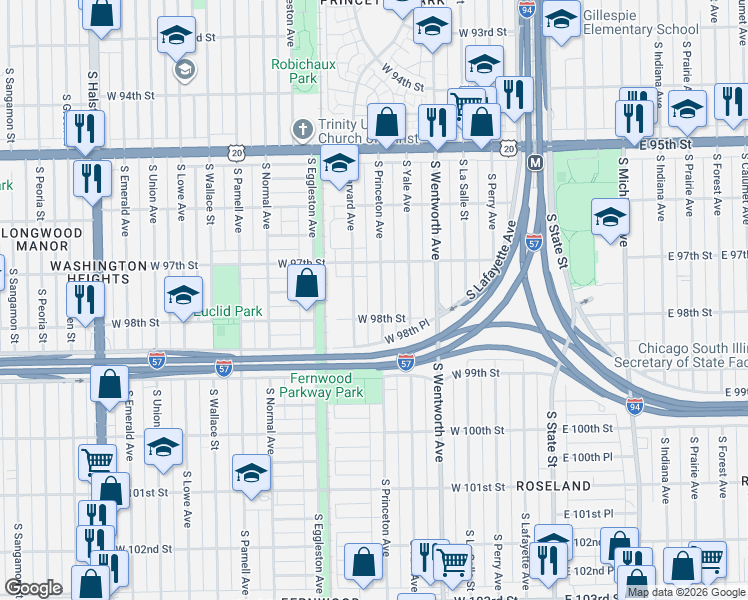 map of restaurants, bars, coffee shops, grocery stores, and more near 9748 South Princeton Avenue in Chicago