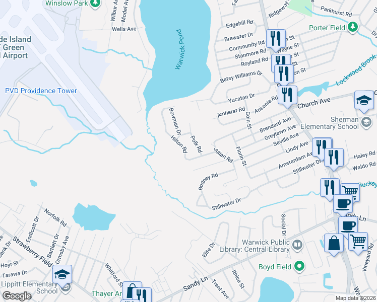 map of restaurants, bars, coffee shops, grocery stores, and more near 84 Hilton Road in Warwick