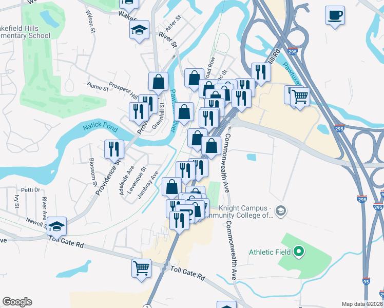 map of restaurants, bars, coffee shops, grocery stores, and more near 140 Blade Street in Warwick