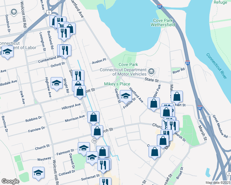 map of restaurants, bars, coffee shops, grocery stores, and more near 311 Garden Street in Wethersfield