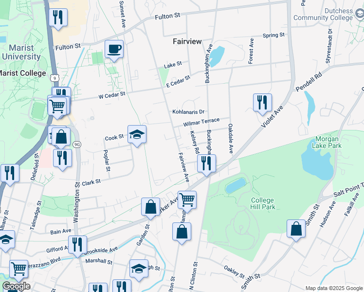 map of restaurants, bars, coffee shops, grocery stores, and more near 39 Fairview Avenue in Poughkeepsie