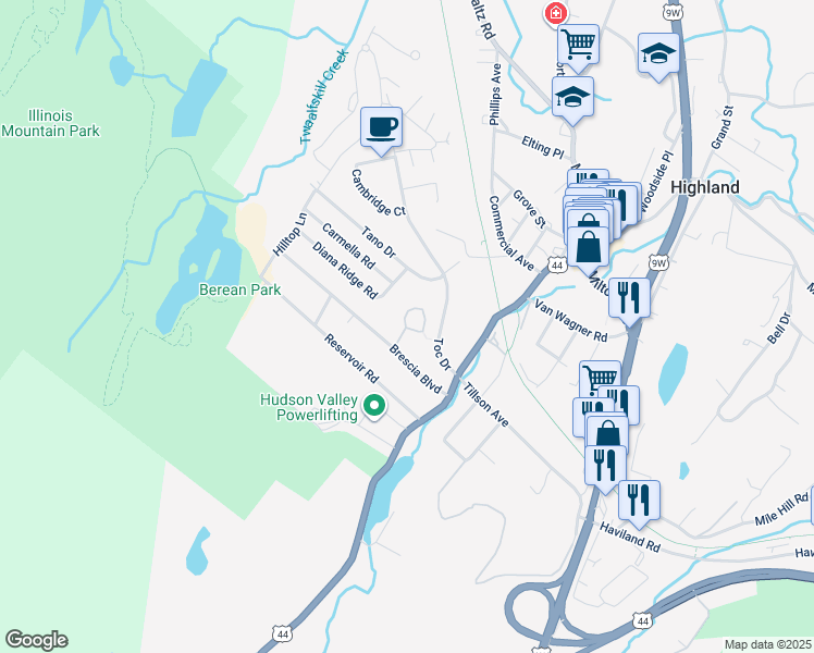 map of restaurants, bars, coffee shops, grocery stores, and more near 18 Brescia Boulevard in Highland