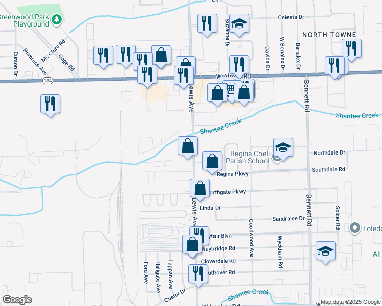 map of restaurants, bars, coffee shops, grocery stores, and more near 5511 Lewis Avenue in Toledo