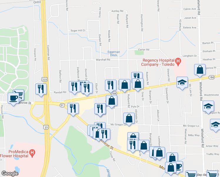 map of restaurants, bars, coffee shops, grocery stores, and more near 5600 West Alexis Road in Sylvania