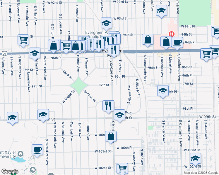 map of restaurants, bars, coffee shops, grocery stores, and more near 9720 South Kedzie Avenue in Evergreen Park