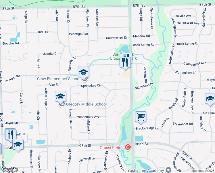 map of restaurants, bars, coffee shops, grocery stores, and more near 1224 Springdale Circle in Naperville