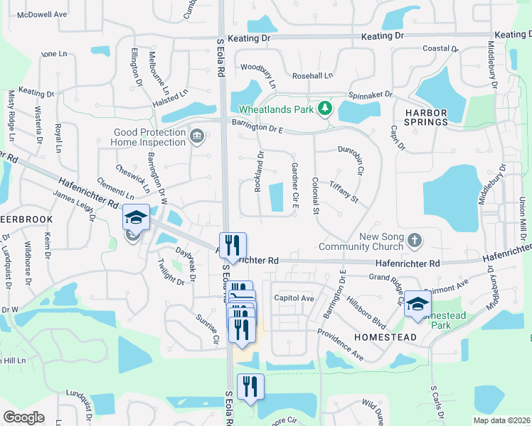 map of restaurants, bars, coffee shops, grocery stores, and more near 2145 Gardner Circle East in Aurora