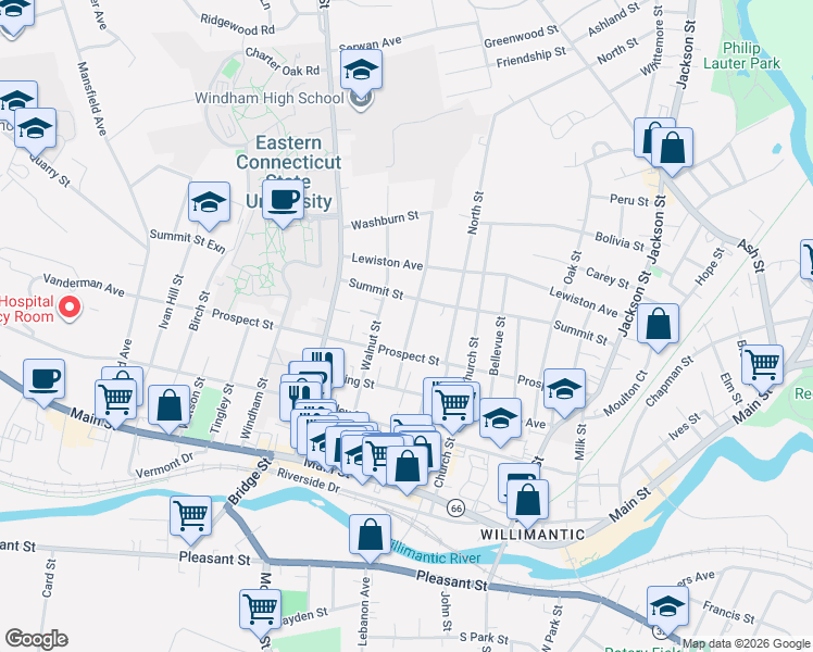 map of restaurants, bars, coffee shops, grocery stores, and more near 53 Chestnut Street in Windham