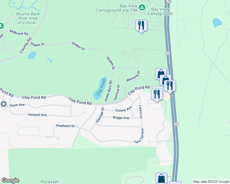 map of restaurants, bars, coffee shops, grocery stores, and more near 3 Sanford Street in Bourne