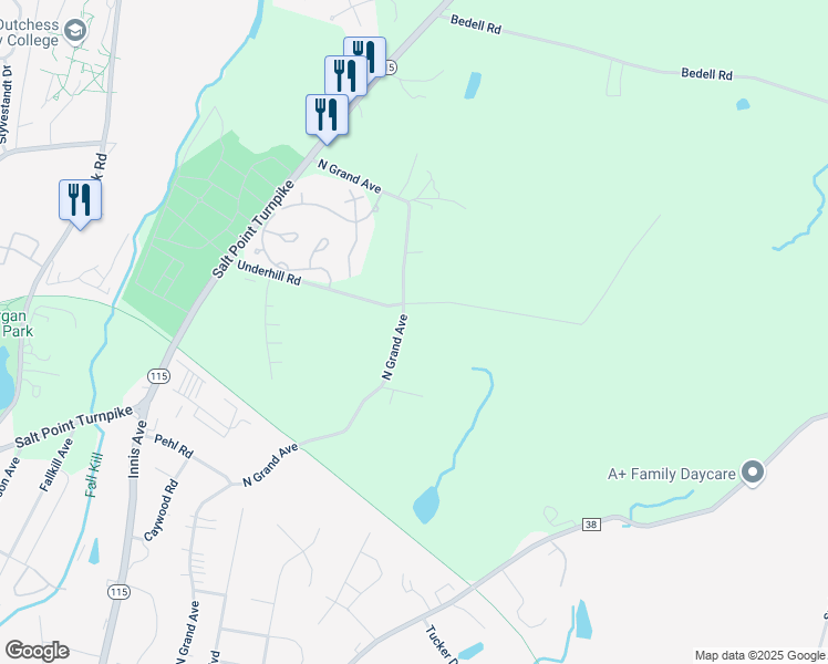 map of restaurants, bars, coffee shops, grocery stores, and more near 282 North Grand Avenue in Poughkeepsie