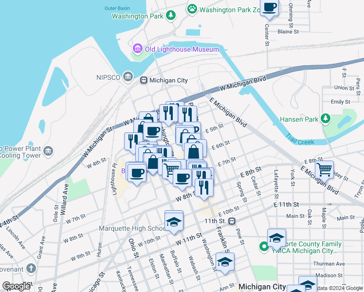 map of restaurants, bars, coffee shops, grocery stores, and more near 515 Franklin Street in Michigan City