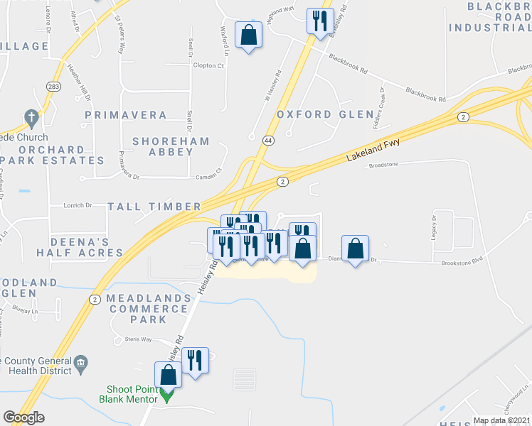 map of restaurants, bars, coffee shops, grocery stores, and more near 5660 Emerald Court in Mentor