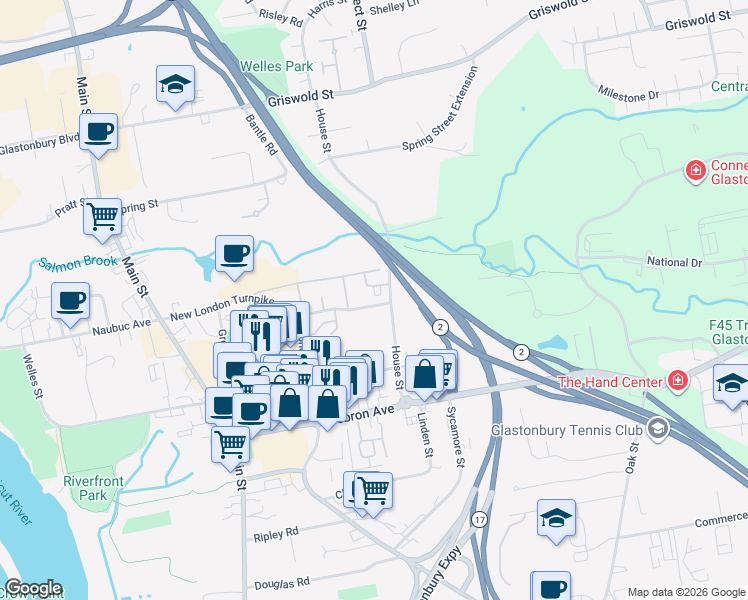 map of restaurants, bars, coffee shops, grocery stores, and more near 81 House Street in Glastonbury
