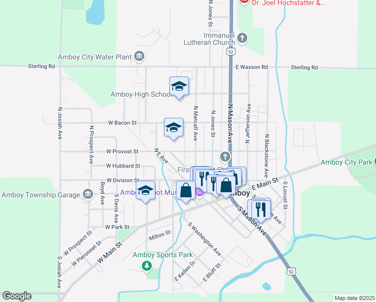 map of restaurants, bars, coffee shops, grocery stores, and more near 30 East Provost Street in Amboy