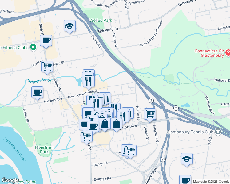 map of restaurants, bars, coffee shops, grocery stores, and more near 113 Salmon Brook Drive in Glastonbury