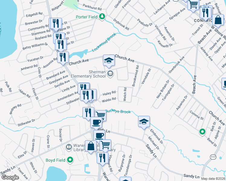 map of restaurants, bars, coffee shops, grocery stores, and more near 10 Haley Road in Warwick