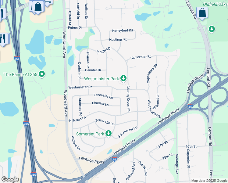 map of restaurants, bars, coffee shops, grocery stores, and more near 1310 Lancaster Lane in Woodridge