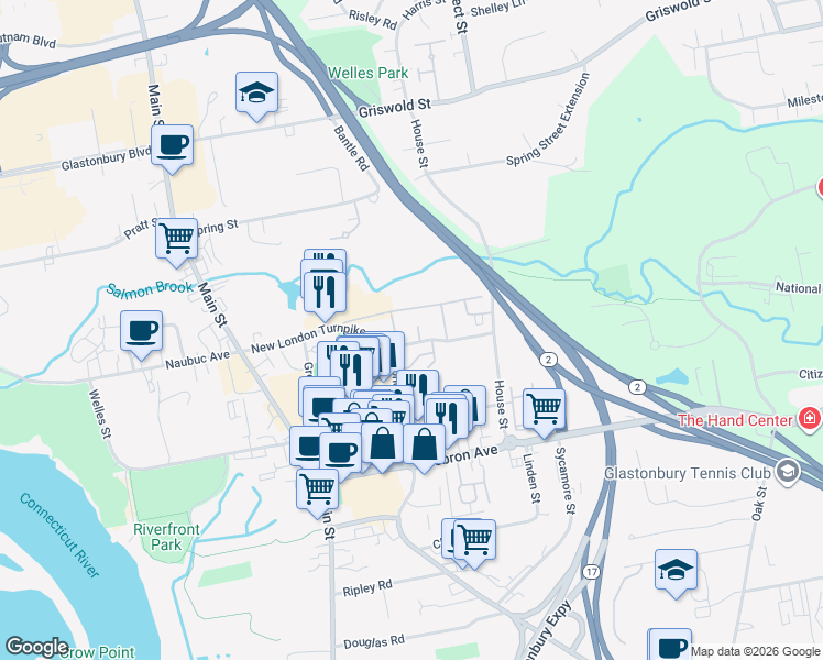 map of restaurants, bars, coffee shops, grocery stores, and more near 113 Salmon Brook Drive in Glastonbury