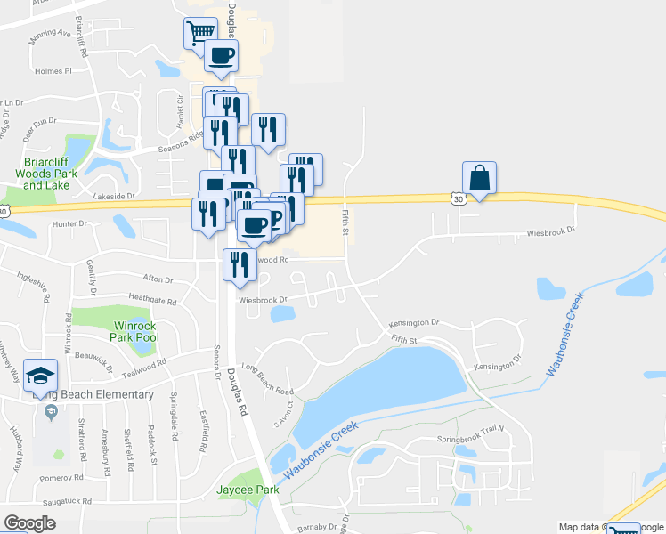 map of restaurants, bars, coffee shops, grocery stores, and more near 303 Canterbury Court in Oswego