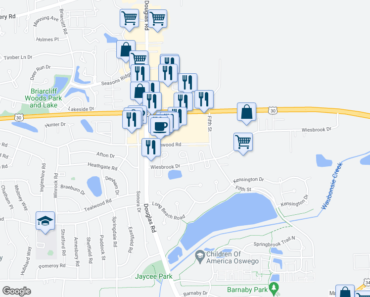 map of restaurants, bars, coffee shops, grocery stores, and more near 301 Oxford Court in Oswego