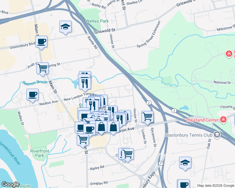 map of restaurants, bars, coffee shops, grocery stores, and more near 113 Salmon Brook Drive in Glastonbury