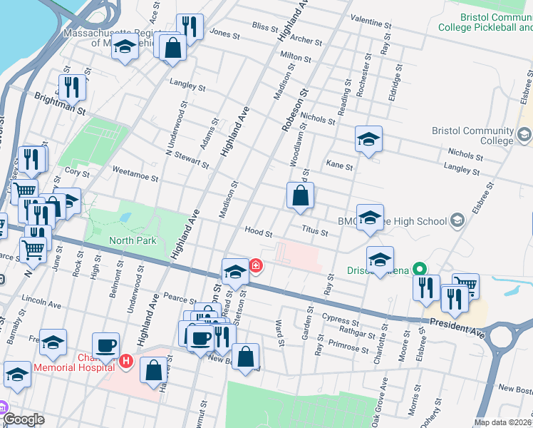map of restaurants, bars, coffee shops, grocery stores, and more near 43 Woodlawn Street in Fall River