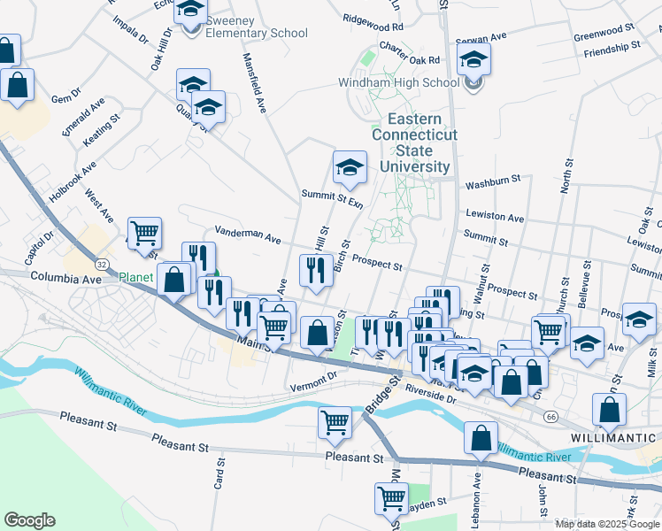 map of restaurants, bars, coffee shops, grocery stores, and more near 96 Birch Street in Windham