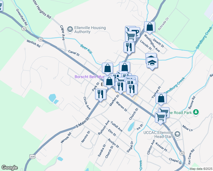 map of restaurants, bars, coffee shops, grocery stores, and more near in Ellenville