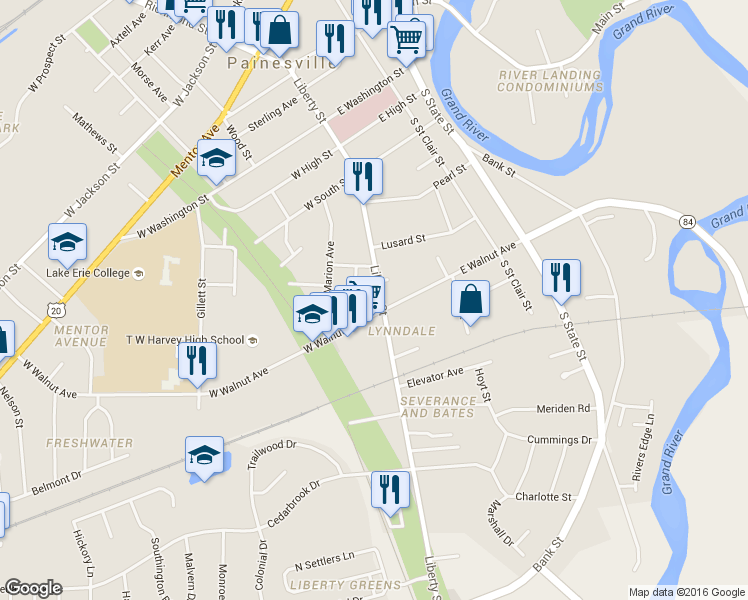 map of restaurants, bars, coffee shops, grocery stores, and more near 442 Liberty Street in Painesville