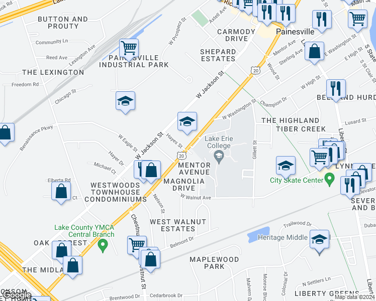 map of restaurants, bars, coffee shops, grocery stores, and more near 545 Mentor Avenue in Painesville