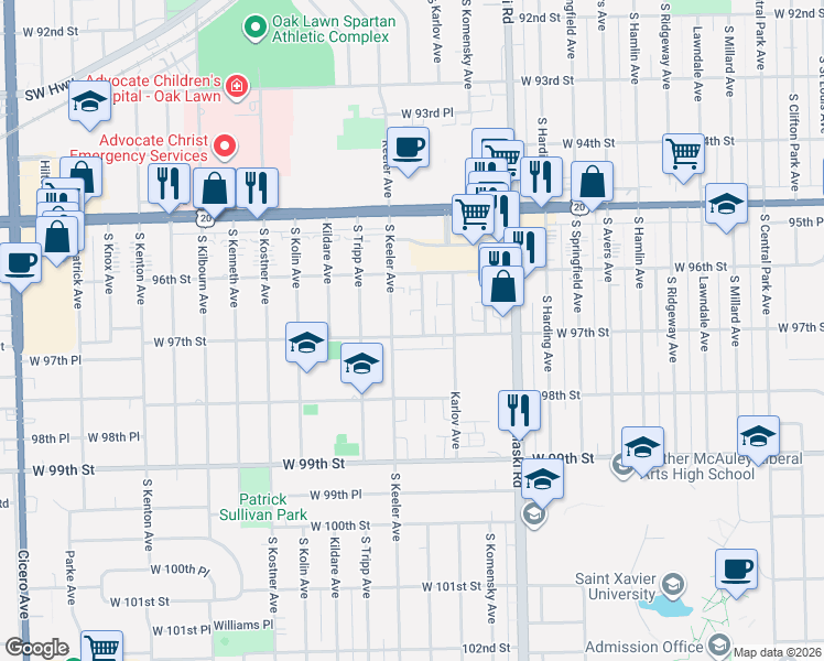 map of restaurants, bars, coffee shops, grocery stores, and more near 9701 South Keeler Avenue in Oak Lawn